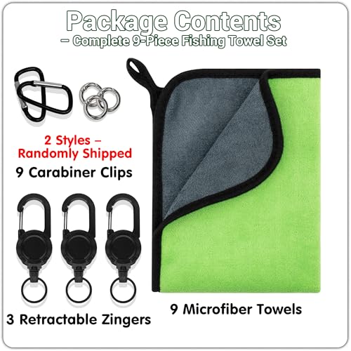 mayoken® 9 Pack Green Fishing Towels with Clips & Zinger Retractors, Quick-Dry Absorbent Microfiber Bait Towels for Fishing, Boating, Kayaking, Camping & Hiking - color: 9pcs-green
