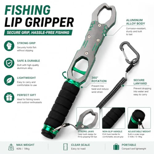 Fishing Lip Gripper, Lightweight Fish Control Grabber for Bass Fishing | Comes with built-in spring scale to weigh catches rapidly. 360° swivel prevents line tangling and fish struggling damage. - color: Green