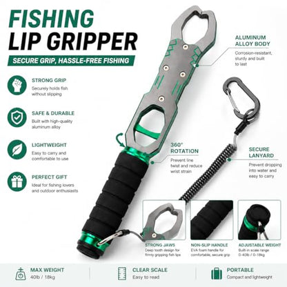Fishing Lip Gripper, Lightweight Fish Control Grabber for Bass Fishing | Comes with built-in spring scale to weigh catches rapidly. 360° swivel prevents line tangling and fish struggling damage. - color: Green