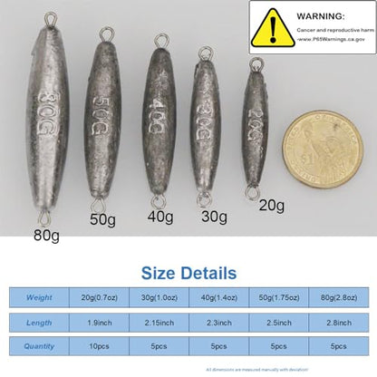 Inline Trolling Sinkers Kit - Double Ring Lead Fishing Weights Casting Sinker Bullet/Olive for Saltwater and Freshwater Fishing - size: 0.7 oz - 10 pcs