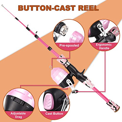 Kids Fishing Rod and Reel Combo Full Kit 1.2m/1.5m Telescopic Casting Rod Pole with Spincast Reel and Hooks Lures Swivels Carry Bag - color: Pink, size: 1.2 m