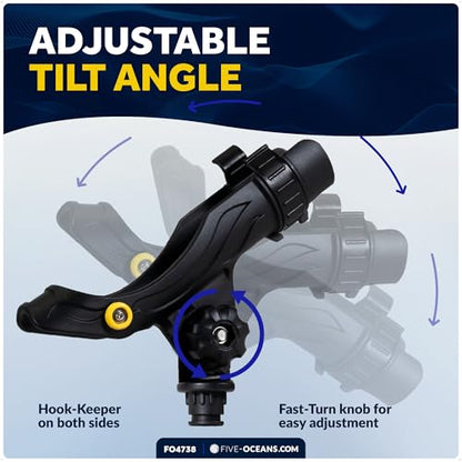 Five Oceans Fishing Rod Holder for Boat with Deck Mount Base, Black, High-Impact Nylon for Boats & Kayaks, Multiple Sizes - style: Large Rod Holder + Spring-loaded Lock Cap Base