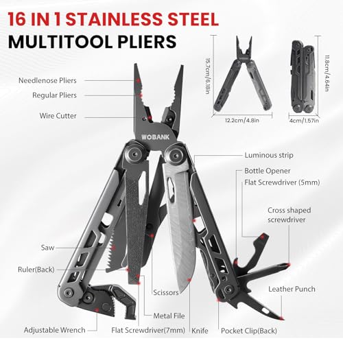 Multitool, 16-in-1 Stainless Steel Multi Tool Pliers with Adjustable Hex Wrench, Damascus Pocket Knife, Nylon Sheath for Survival, Camping and Hunting, Hiking, Simple Repair - size: 16-in-1