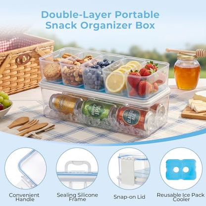 Homelove Snackle Box Container with 2 Plastic Ice Packs, Snack Organizer Divided Serving Tray with Lid and Handle, Double-layer Tray and 5-Compartment Snack Platter for Travel Party Beach Picnic - color: D