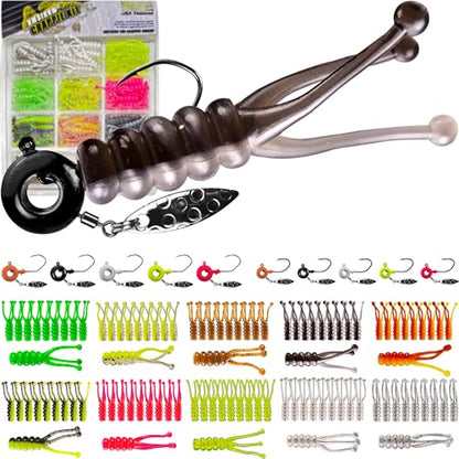 Crappie Lures Jig Heads Worms Swimbaits Kit, 110 Pcs Underspin Crappie Fishing Jig Heads Soft Plastic Grub Baits for Panfish Bluegill Bass Trout Freshwater Saltwater - color: 110Pcs - Crappie Jigs, Split TriTail Grub