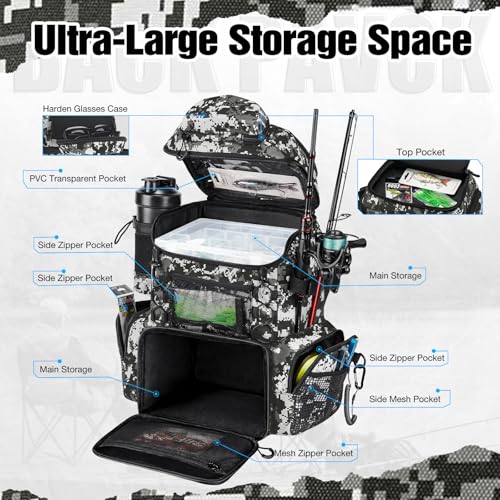 Piscifun Fishing Tackle Backpack with Rod Holders & 4 Tackle Boxes,42L Digital Camo Dry Bag, Waterproof Floating bag 10L Green