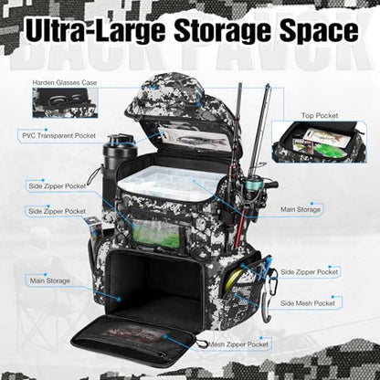 Piscifun Fishing Tackle Backpack with Rod Holders & 4 Tackle Boxes,42L Digital Camo Dry Bag, Waterproof Floating bag 10L Green