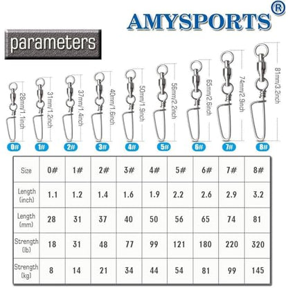 AMYSPORTS High Strength Fishing Snap Swivels - Stainless Steel Ball Bearing Swivels - Saltwater & Freshwater Fishing - size: Size 4+4 (99lb) 25 pcs