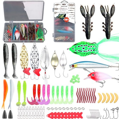 EXAURAFELIS Fishing Lures Tackle Kit, Mixed Hard & Soft Baits Metal Spoons Fishing Accessories for Bass Trout Pike Freshwater Saltwater Fishing - color: 107pcs