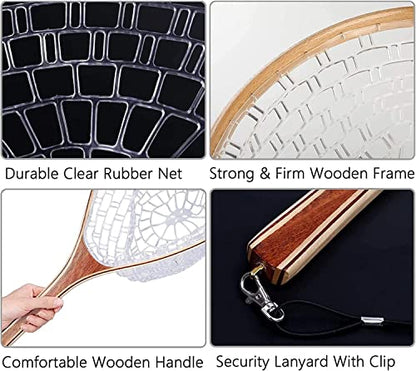 Fashionwu Fly Fishing Landing Net Trout Fishing Net, Soft Rubber Catch and Release Fish Net with Wooden Handle Frame, Gifts for Him