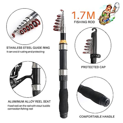 Telescopic Fishing Pole Reel Combo Ultralight Fishing Rod Spinning Reel with Tackle Bag All-in-One Fishing Accessories Fishing Gear Gifts Kit for Kids Adults Youth Beginner Saltwater Freshwater - color: Black-5.58ft