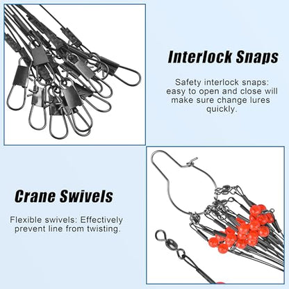 Fishing Leaders Saltwater Fishing Rigs Fishing Wire Leaders with Swivels Snaps High-Strength Fishing Leader Line Rig Bottom Rig Nylon Steel Sea Surf Fishing Rigs Tackle 1Arm 2Arms - color: Black Stainless Steel, style: 1 Arm, 12pcs