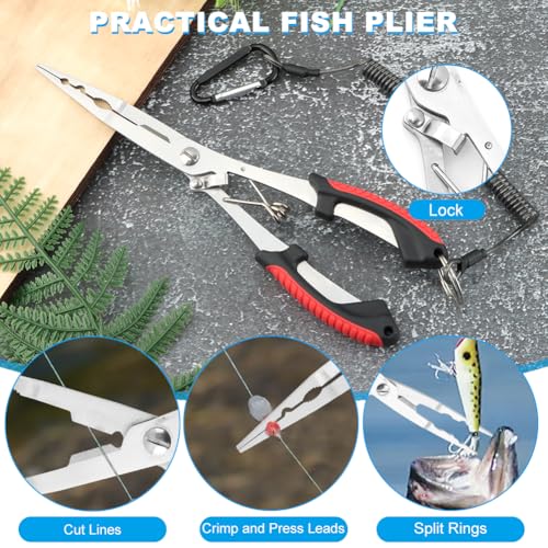 Stainless Steel Fishing Pliers and Fish Gripper Set with Sheath & Lanyard - Multifunctional Fishing Tool Kit for Saltwater Freshwater, Hook Remover, Line Cutter, Crimping - color: Red