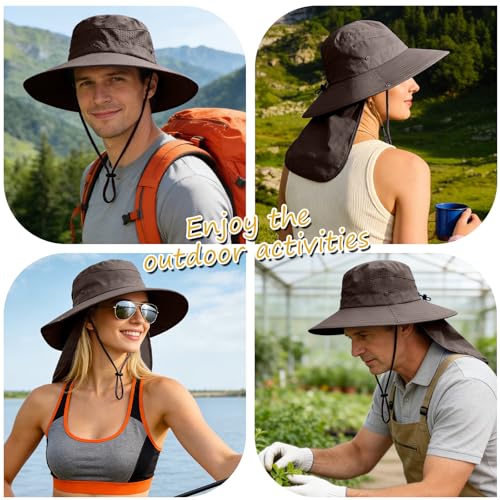 Sun Hats for Men Women, UPF50+ Protection Safari Hat,Wide Brim Fishing Hat with Neck Flap,Bucket Hats for Beach Hiking - color: Coffee