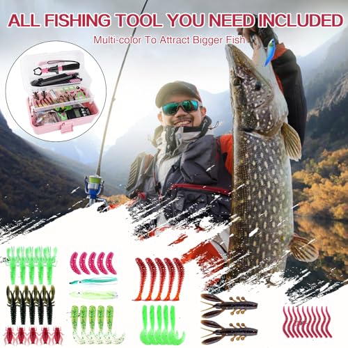 3-Layer Pink Fishing Tackle Box with Tackle Included, Fishing Tools Kit Includes Pliers Fish Lip Gripper Scale Crankbait Spinnerbaits Soft Baits Hooks, Ideal Gift for Angler Saltwater Freshwater - color: Pink