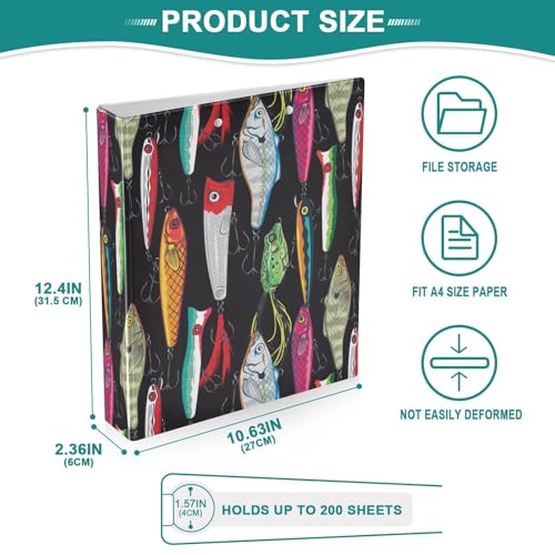 3 Ring Binder 1.5 Inch Colorful Fishing Lures Three Ring Binder Cute Binder with 3 Storage Pockets for Women School Office Supplies
