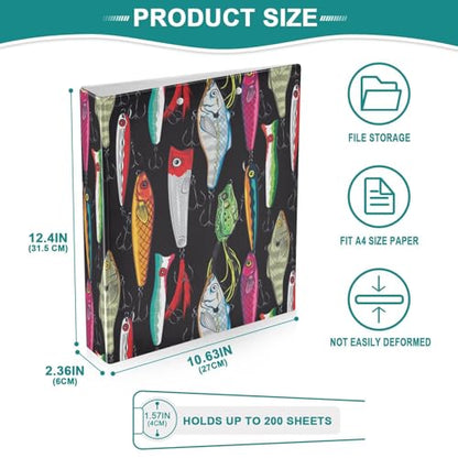 3 Ring Binder 1.5 Inch Colorful Fishing Lures Three Ring Binder Cute Binder with 3 Storage Pockets for Women School Office Supplies