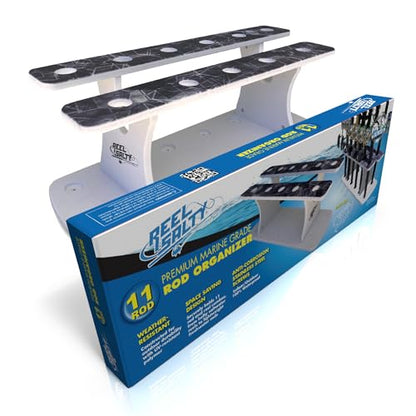 Rush Creek Creations Reel Salty Gray/White/Blue 11-Rod Marine Grade Fishing Rod Holder - Bi-Level Design, UV-Resistant, 100% Waterproof for Garage and Dock - size: 11-Rod
