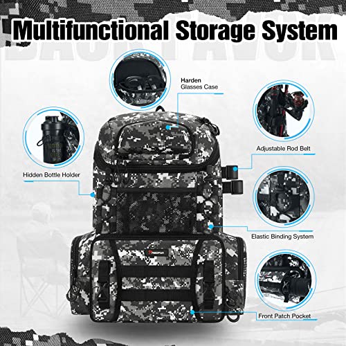 Piscifun Fishing Tackle Backpack with Rod Holders & 4 Tackle Boxes,42L Digital Camo Dry Bag, Waterproof Floating bag 10L Green