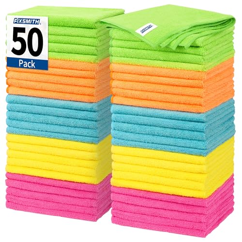 FIXSMITH Microfiber Cleaning Cloth, 50 Pack Cleaning Rags, Cleaning Towels for Housekeeping, Kitchen, Car, Lint-Free, Reusable Shop Towels with 5 Colors (Green/Blue/Yellow/Orange/Pink), 12"X12" - color: 5 Colors Assorted, size: 50pk