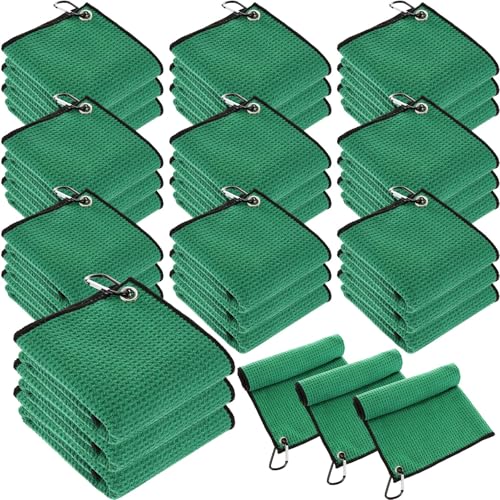 Batiyeer 30 Pcs Bulk Golf Towels for Golf Bags 16'' x 16'' Microfiber Fabric Golf Towel Waffle Pattern with Clip for Bags Men Mini Tournament Fitness Yoga Camping(Green) - color: Green