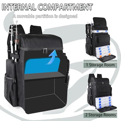 Fishing Tackle Backpack With Rod Holders, 45L Large Tackle Bag & Fishing Tackle Backpack for Fishing, Camping, Hiking,Black - color: Black