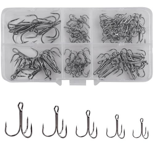 70pcs Fishing Treble Hooks Kit for Saltwater Freshwater, High Carbon Steel Barbed Treble Hooks Strong Sharp Round Bend Triple Fishing Hooks for Catfish Bass Trout Hard Baits Lures