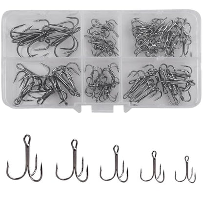 70pcs Fishing Treble Hooks Kit for Saltwater Freshwater, High Carbon Steel Barbed Treble Hooks Strong Sharp Round Bend Triple Fishing Hooks for Catfish Bass Trout Hard Baits Lures