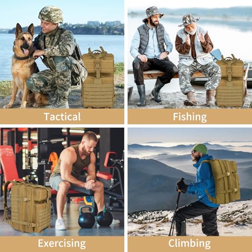 TBNBO 45l Large Fishing Tackle Backpack with Removable Plier Holder & Rod Holders, Khaki Tactical Bag, Fishing Gear and Tackle Box Organizer, Hiking Rucksack without Tackle Box - color: Khaki