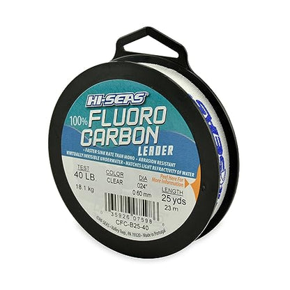 HI-SEAS 100% FLUOROCARBON Fishing LINE Leader - Clear Invisible Leader UNDETECTABLE to Fish, Fast Sinking 6LB-400LB - style: 0.024 in / 0.60 Mm, 40 Lb, 25 Yd