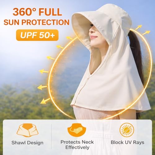HUAMULAN Men Summer Sun Hat Women Safari Wide Brim Fishing Hats UV Protection Neck Flap Bucket Gardening Hiking Hunting Cap - color: Beige With Neck Flap