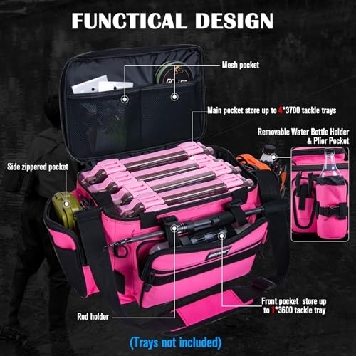 Goture Fishing Tackle Bag with 4pcs 3600 Tackle Boxes, 600D Water-Resistant Soft Side Saltwater Gear Storage Fishing Bag with Rod Straps, Detachable Water Bottle Pouch, Waterproof Bottom, SBS Zippers - color: C2:Pink with 4 3600 Tackle Boxes, size: Large