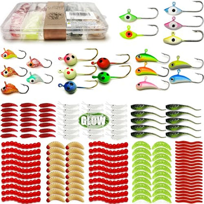 150/160/170Pcs Ice Fishing Jigs Lures Soft Plastic Worm Baits Kit, Micro Glow Winter Jig Heads Hooks for Walleye Crappie Panfish Trout, Ice Fishing Gear Equipment Tackle Accessories