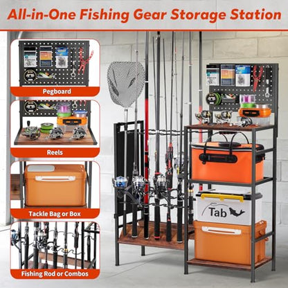 XOOL Fishing Rod Storage Rack for Garage, Holds up to 12 Rods, Heavy Duty Fishing Gear Organizer with Pegboard, 3-Tier Metal Stand with Shelves, Hooks & Accessory Storage