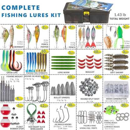 THKFISH Fishing Lures Kit, Bass Fishing Gear Kit for Freshwater Tackle Box with Tackle Included Topwater Baits, Swimbaits, Frog, Fsihing Bait Accessories Gift for Men - color: 299pcs Tackle Box Kit