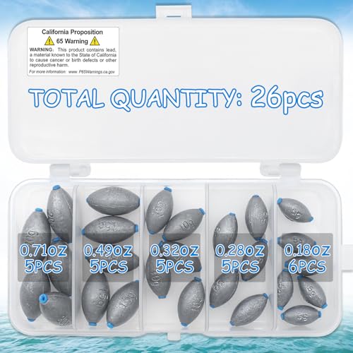 Egg Fishing Sinkers Weights Assortment | 26pcs 5/6 Size Bullet Fishing Weights Lead Oval Shape Bass Casting Worm Bullet Tackle for Saltwater Freshwater Fishing - size: 5 sizes-26pcs