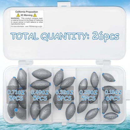 Egg Fishing Sinkers Weights Assortment | 26pcs 5/6 Size Bullet Fishing Weights Lead Oval Shape Bass Casting Worm Bullet Tackle for Saltwater Freshwater Fishing - size: 5 sizes-26pcs