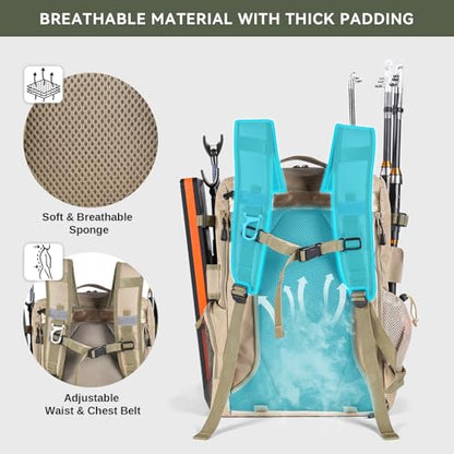 Bagenerous 39L Fishing Tackle Backpack with Rod Holders & Cooler,Water-resistant Fishing Gear Storage Bag with Protective Rain Cover,Khaki - color: Khaki