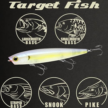 LUCKY CRAFT Gunfish 95 3 Hook Freshwater Fishing Lures and Bait for Bass Fish, Topwater Fish Line, Surface Bait with Treble Hooks, Fishing Gear for Tackle Box - color: 250 Chartreuse Shad