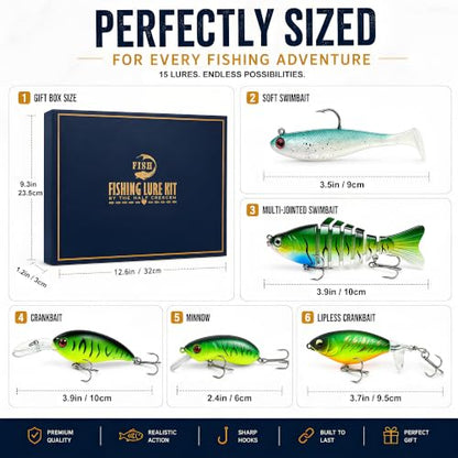 Fishing Lures Kit for Bass, 15PCS Swimbaits Crankbaits Fishing Tackle Set | Bass Fishing Lure Kit, Multi Jointed Swimbaits and Soft Baits for Trout Pike Freshwater Fishing - style: Hard /Soft Bait 2