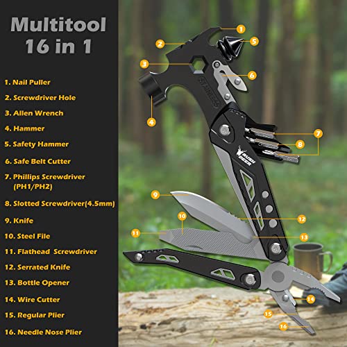 Rush Deer Camping Essentials Multitool,16 in 1 Multi Tool Survival Gear with Hammer, Pliers, Knife, Screwdrivers, Bottle Opener & Car Safety Hammer, for Camping, Hiking, Gift for Dad Him - style: Upgraded Version