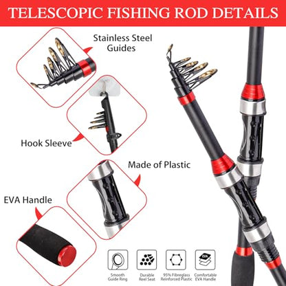 I00000 Fishing Rod and Reel Combos with Fiberglass Telescopic Fishing Pole - Spinning Reel Fishing Carrier Bag, Freshwater and Saltwater Fishing Rod Kit,Travel Fishing Kit for Bass Trout - color: Black and Red