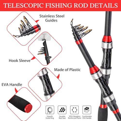 I00000 Fishing Rod and Reel Combos with Fiberglass Telescopic Fishing Pole - Spinning Reel Fishing Carrier Bag, Freshwater and Saltwater Fishing Rod Kit,Travel Fishing Kit for Bass Trout - color: Black and Red
