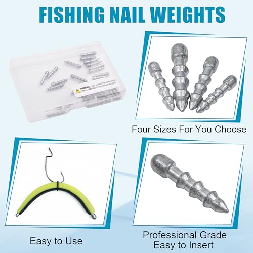 SILANON Fishing Nail Weights Kit,30pcs Wacky Worm Weights Insert Sinkers Fishing Weights Nail Sinker Weights for Soft Worm Lures Neko Rig Wacky Rig Bass Fishing - size: 30pcs-1/16oz