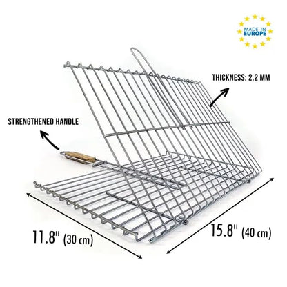 Hakan Grill Basket 11.8 x 15.8-inch for Outdoor Grill, Barbecue Basket for Fish, Steak, Chicken, Vegetables, Shish Kabob and Shrimp, Large Lockable Basket with Wooden Handle, Stainless Steel, BBQ