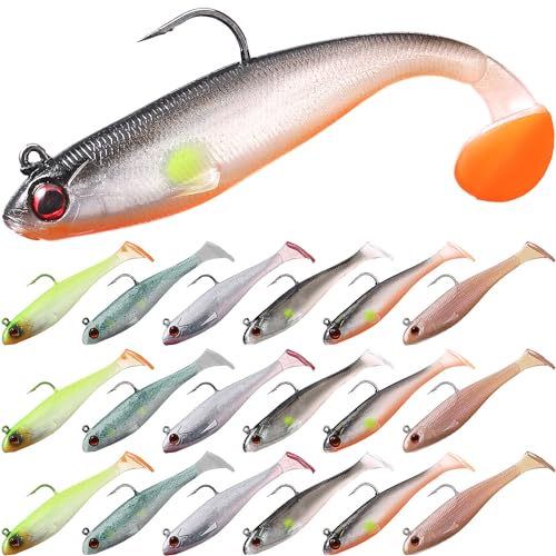 Mimorou 18 Pcs Soft Fishing Lures with Pre Rigged Jig Head Lifelike Paddle Tail Swimbaits Bass Fishing Lures with Sharp Hook 3D Eyes Mixed Colors for Bass Trout Crappie Walleye Freshwater Saltwater