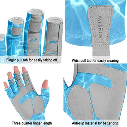 EDSRDUX UPF 50+ Fishing Gloves for Men Women, Long Cuff Fingerless Sun Gloves, Breathable Kayaking Sailing Sunscreen Gloves - color: Blue WaterRipple, size: X-Large
