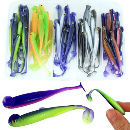 Fishing Soft Plastic Lures, Paddle Tail Swim Baits for Bass Fishing,Paddle Tail Swimbaits for for Bass Trout Walleye Lures, 30/50pcs Soft Plastic Baits with Box - color: E:2.36in/0.05oz-50pcs