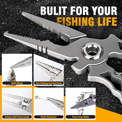 Titanium Fishing Pliers Saltwater, Corrosion Resistant Fishing Pliers Hook Remover with Double Tungsten Cutters, Fishing Gear as Split Rings Pliers