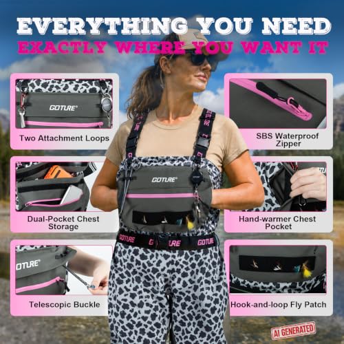 Goture 5-Layer Lepord Breathable Women's Fly Fishing Waders, Waterproof Neoprene Stockingfoot Waders w/Handwarmer - size: Small